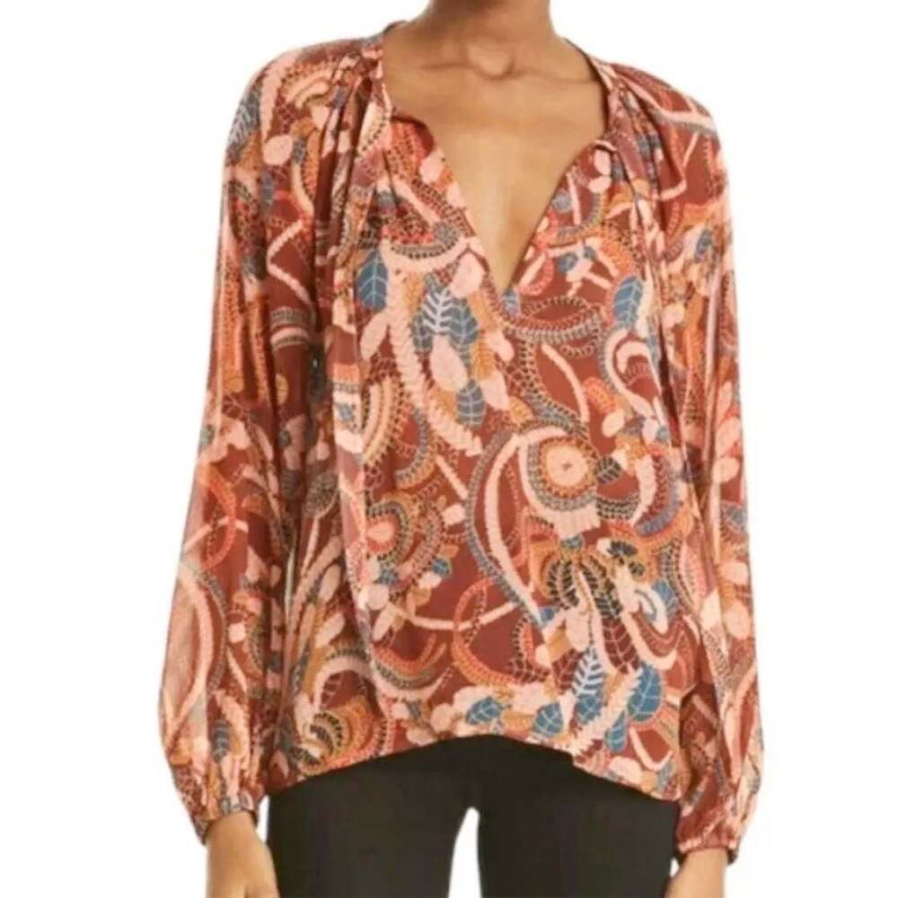 A.L.C. Delphina 100% Silk Flowing Paisley Tie Neck Blouse Size 6 Brown Pink Blue